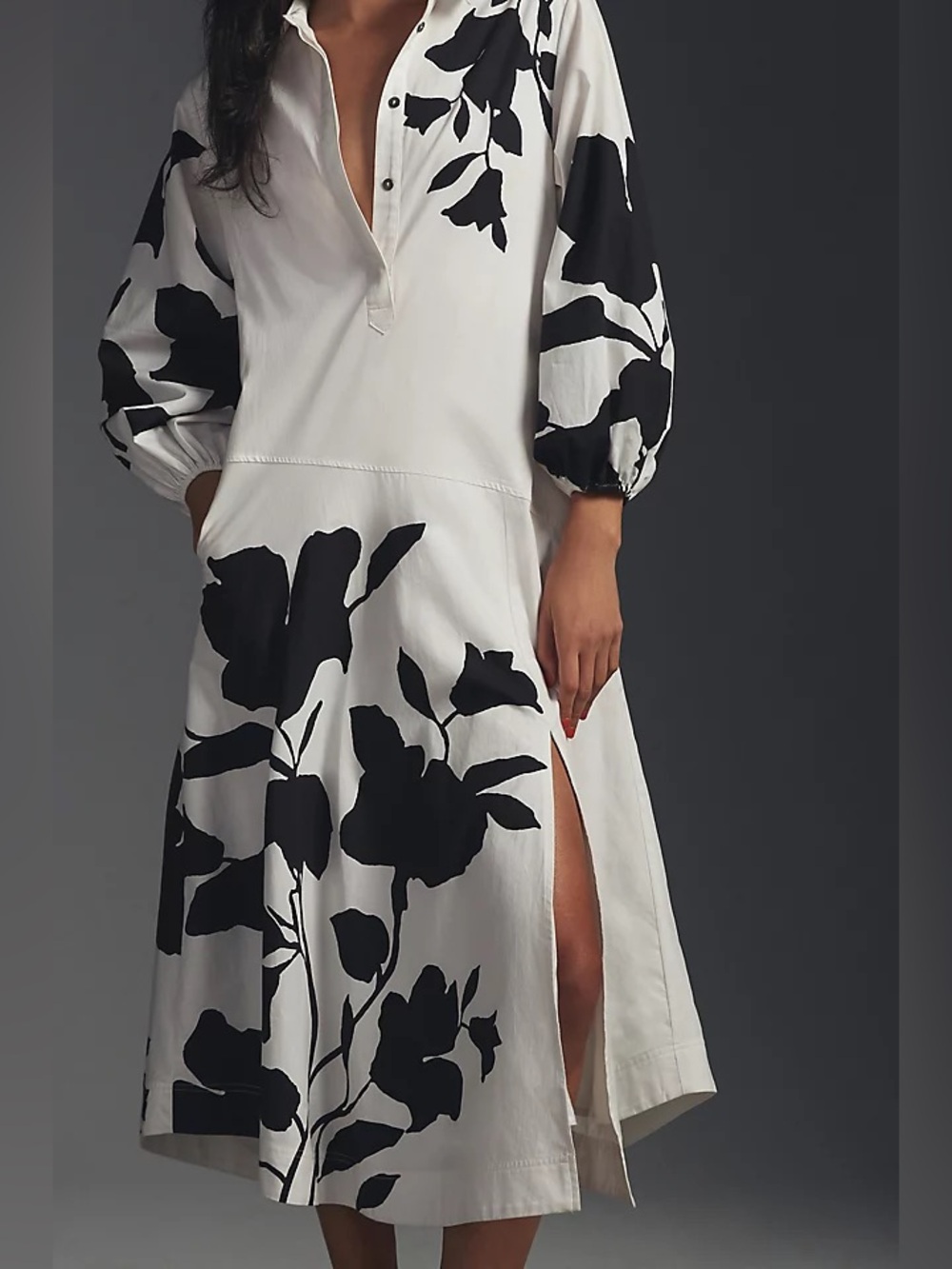 MAEVE • Jo Faulkner button front asymmetrical dress black white floral Small - Picture 2 of 11